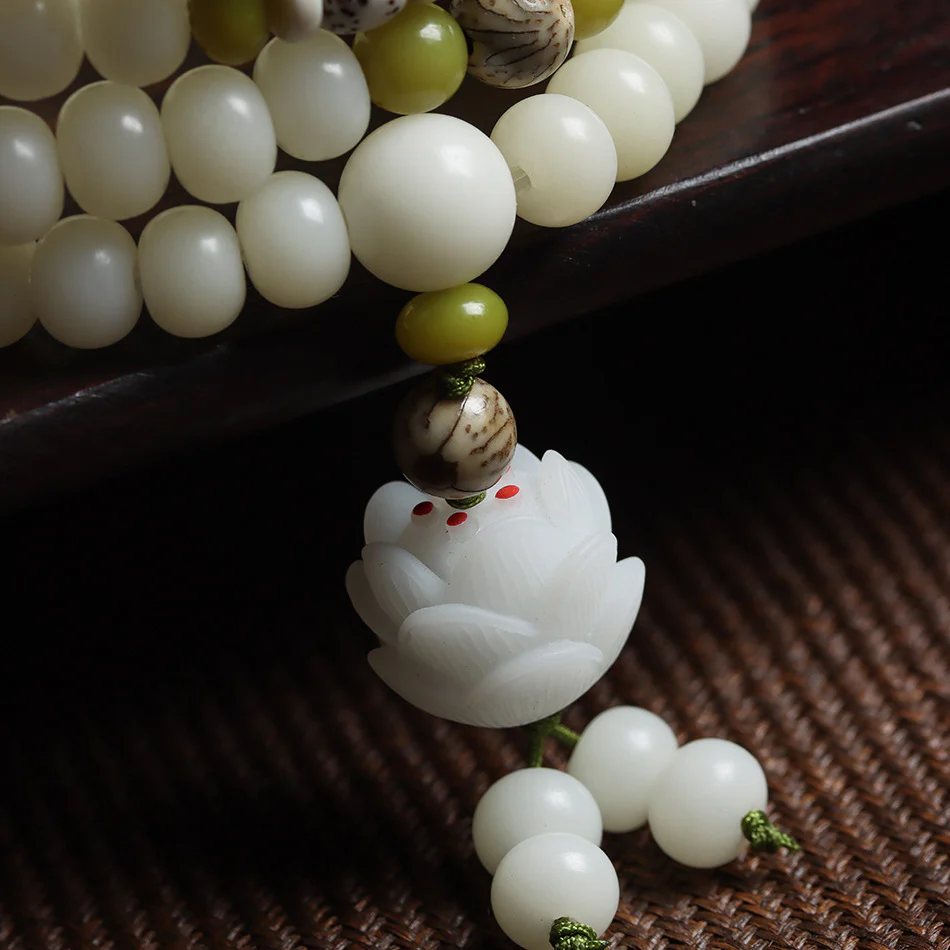 108 Mala Beads White Jade Bodhi Bracelet with Five-Layer Lotus Charm